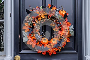 A Halloween themed wreath on a front door with bats, spiders, and pumpkins