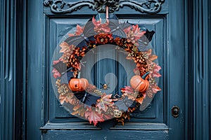 A Halloween themed wreath on a front door with bats, spiders, and pumpkins