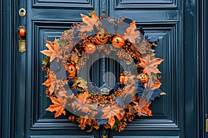 A Halloween themed wreath on a front door with bats, spiders, and pumpkins