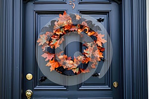 A Halloween themed wreath on a front door with bats, spiders, and pumpkins