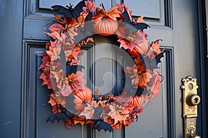 A Halloween themed wreath on a front door with bats, spiders, and pumpkins