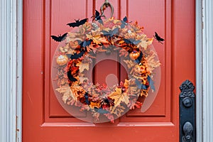 A Halloween themed wreath on a front door with bats, spiders, and pumpkins