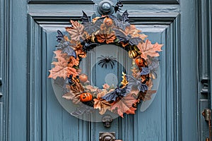 A Halloween themed wreath on a front door with bats, spiders, and pumpkins