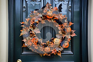 A Halloween themed wreath on a front door with bats, spiders, and pumpkins