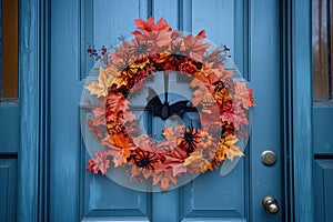 A Halloween themed wreath on a front door with bats, spiders, and pumpkins