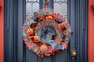 A Halloween themed wreath on a front door with bats, spiders, and pumpkins