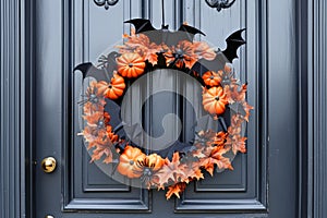 A Halloween themed wreath on a front door with bats, spiders, and pumpkins