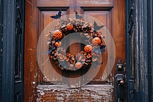 A Halloween themed wreath on a front door with bats, spiders, and pumpkins