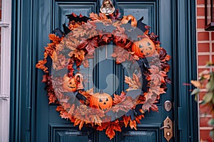 A Halloween themed wreath on a front door with bats, spiders, and pumpkins