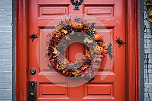 A Halloween themed wreath on a front door with bats, spiders, and pumpkins