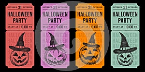 Halloween ticket colorful retro vintage vector set. vertical