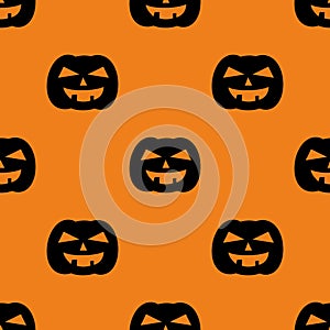 Halloween tile vector pattern with black pumpkin on orange background