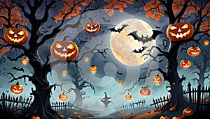 Halloween tree cemetery grave ghost night fog moon darkness cartoon