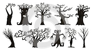 Halloween trees, creepy or scary and frightening branches. fabulous mythical or fantastic monsters. wooden creatures in