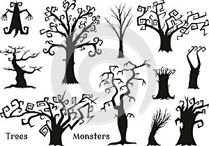 Halloween trees, creepy or scary and frightening branches. fabulous mythical or fantastic monsters. wooden creatures in