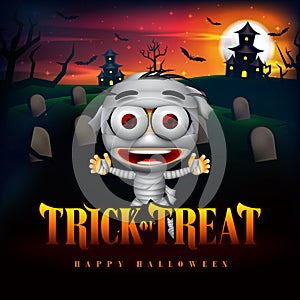 Halloween Trick or Treat Background and Funny Mummy Character in the Cemetery with Haunted House Illustration. Vector