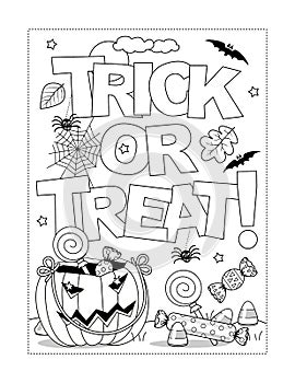 Halloween `Trick or treat!` coloring page, poster or banner