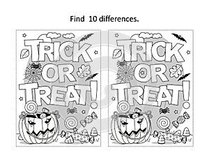 Halloween `Trick or treat!` find the differences picture puzzle and coloring page