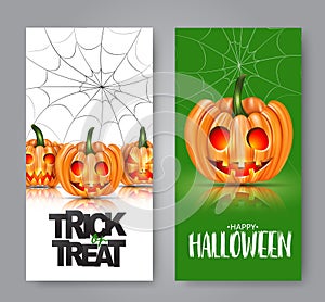 Halloween trick or treat flyer or poster design template with orange pumpkin faces with glowing eyes and spider web on background.