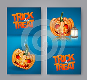 Halloween trick or treat flyer or poster set with scare creepy pumpkin face with a lantern on blue background.