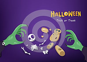 Halloween, trick or treat, hand of witch close up create skeleton and voodoo doll, greeting card, cartoon horror gothic style