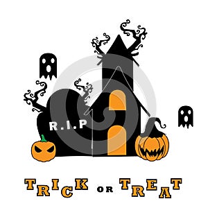 Halloween trick or treat illustration vector design with pumpkin, haunted house, and cemetery.