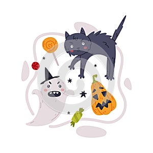 Halloween Trick or Treat Night Party Element with Cat, Candy, Ghost and Pumpkin Vector Illustration