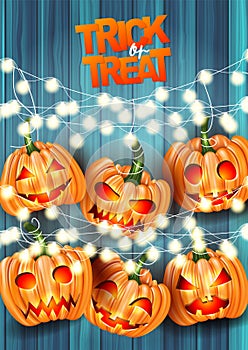 Halloween trick or treat realistic flyer or brochure design. Hanging pumpkins and lights garland over blue paint wooden board back