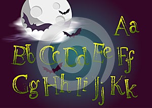 Halloween Typeset. Spooky Vector Font for Halloween Party. Grunge Green Hand Drawn Alphabet.