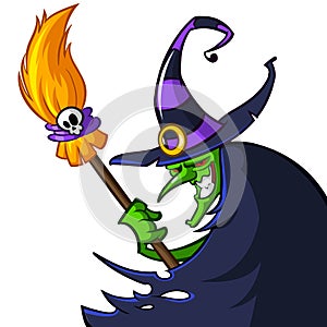 Halloween ugly witch in a hat with a broom on white background. Vector illustration