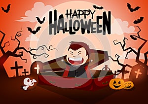 Halloween vampire character vector background design. Happy halloween text with funny vampire character in casket and scary.