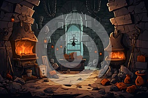 Halloween vector background portraying a witch\'s lair with bubbling cauldrons, Generated AI