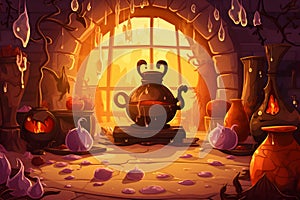 a Halloween vector background portraying a witch\'s lair with bubbling cauldrons, Generated AI