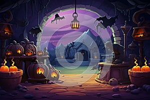 a Halloween vector background portraying a witch\'s lair with bubbling cauldrons, and magical artifacts, Generated AI