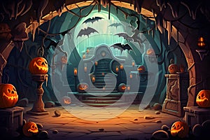 Halloween vector background portraying a witch\'s lair with bubbling cauldrons, spellbooks, Generated AI