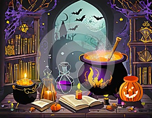 a Halloween vector background portraying a witch\'s lair with bubbling cauldrons, spellbooks, and magical artifacts