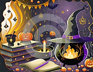 a Halloween vector background portraying a witch\'s lair with bubbling cauldrons, spellbooks, and magical artifacts