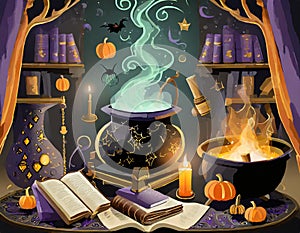 a Halloween vector background portraying a witch's lair with bubbling cauldrons, spellbooks, and magical artifacts