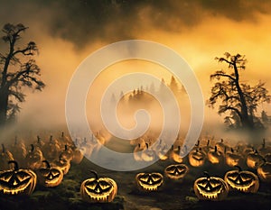 a Halloween vector background with a pumpkin patch bathed in the glow of jack-o\'-lanterns and a starry night sky