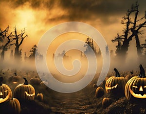 a Halloween vector background with a pumpkin patch bathed in the glow of jack-o\'-lanterns and a starry night sky