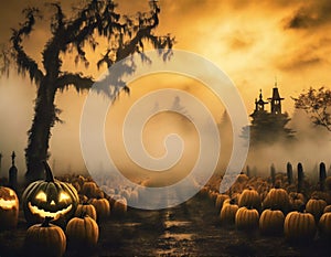 a Halloween vector background with a pumpkin patch bathed in the glow of jack-o\'-lanterns and a starry night sky