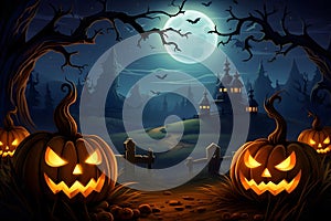 Halloween vector background with a pumpkin patch bathed in the glow of jack-o\'-lanterns and a starry night sky, Generated AI