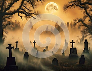 a Halloween vector background set in a ghostly graveyard, featuring spectral apparitions under a foggy moon