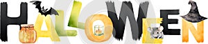Halloween vector banner for print. Colorful Letter banner include black bat, witch\'s hat, mouse, candle, pumpkin jam.