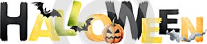 Halloween vector banner for print. Colorful Letter banner include black bats, pumpkin with angry face, smoke, fog.