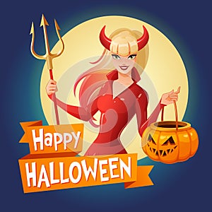 Halloween vector card. lady in red Halloween costume of a devil with horns and trident holding jack-o -lantern