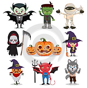 Halloween vector characters set. Flat scary cartoon horror elements