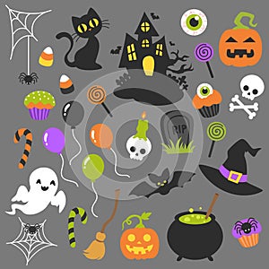 Halloween Vector Clip Art Collection. Set of cute spooky october graphic elements. Vector Illustrations.
