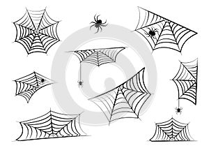 Halloween vector cobweb and hanging spider. Spider web corner border and frame, creepy elements. Hand drawn net. Horror