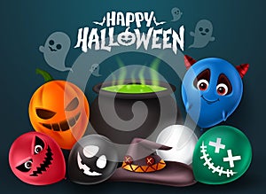 Halloween vector concept design. Happy halloween text  with horror balloon elements with scary characters faces like devil, ghost.